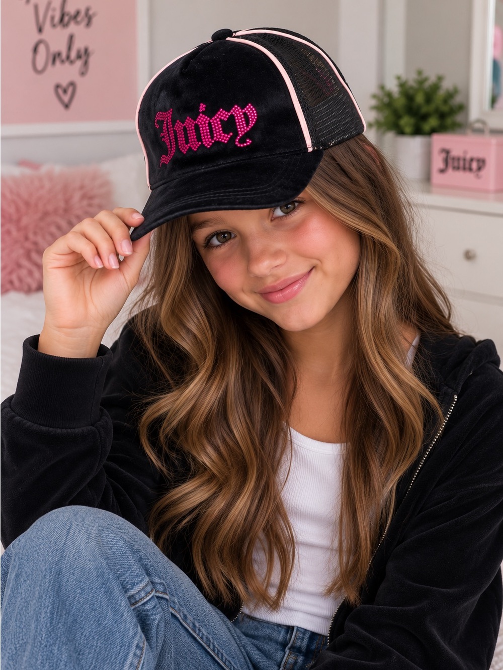 Juicy Couture kids Black Velvet Trucker Hat with Pink Embroidery